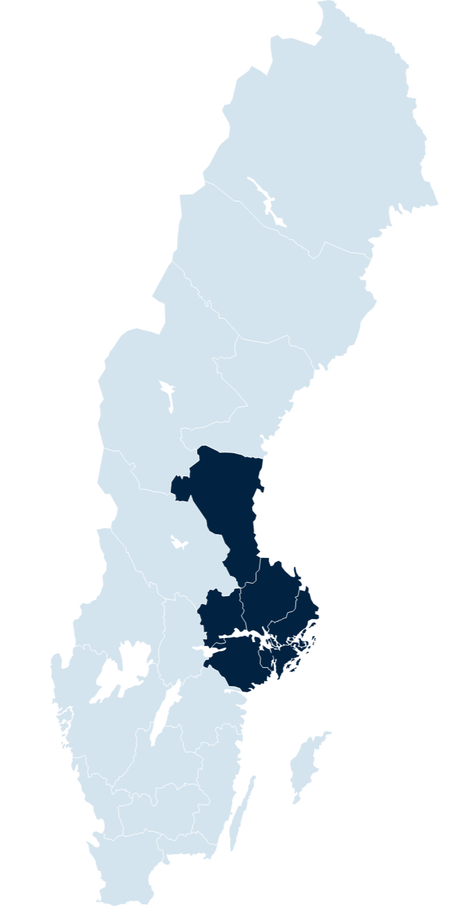 Karta över Sverige där Uppsala, Stockholm, Mälardalen och Gävleborg är markerade